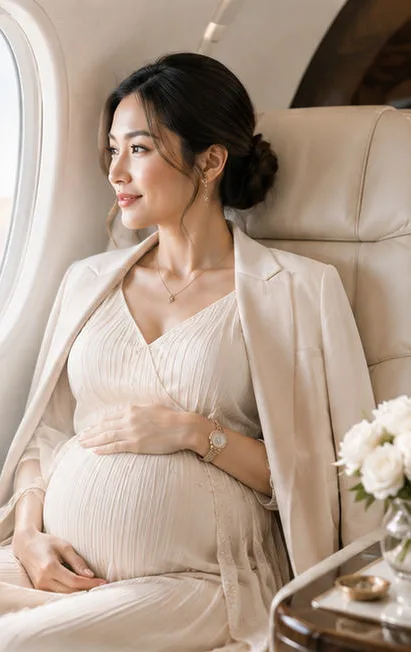 An expectant mother relaxing by the window of a private aircraft