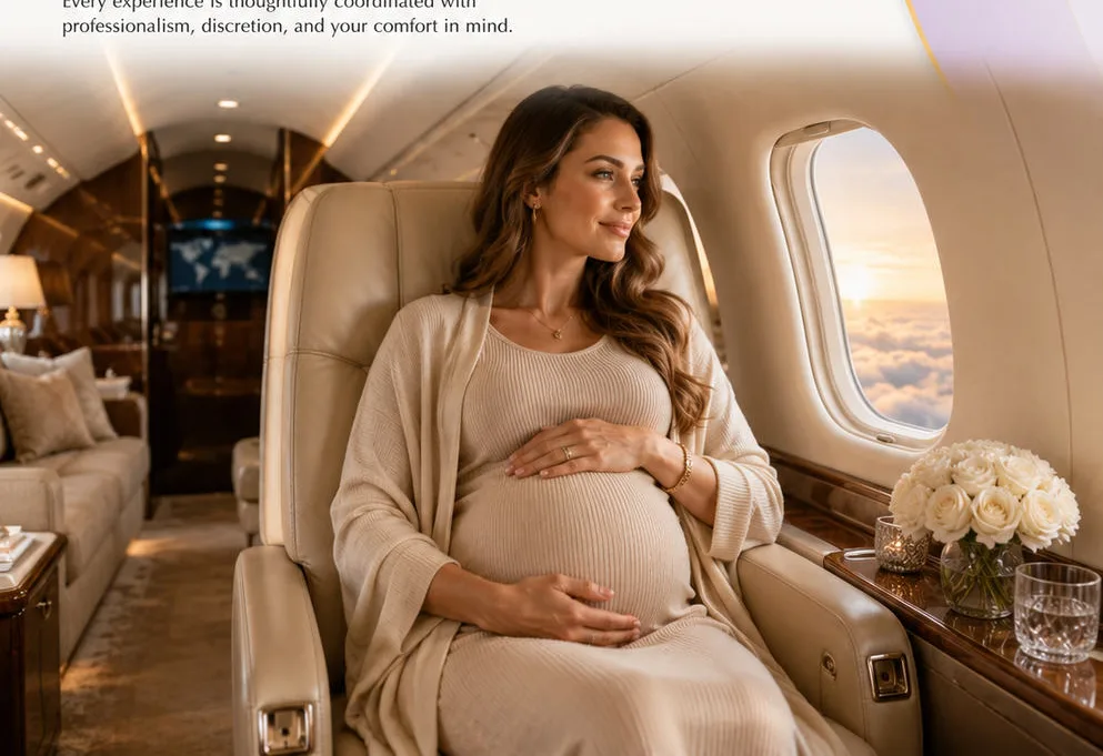 An expectant mother resting in a cream leather seat aboard a private jet at sunset